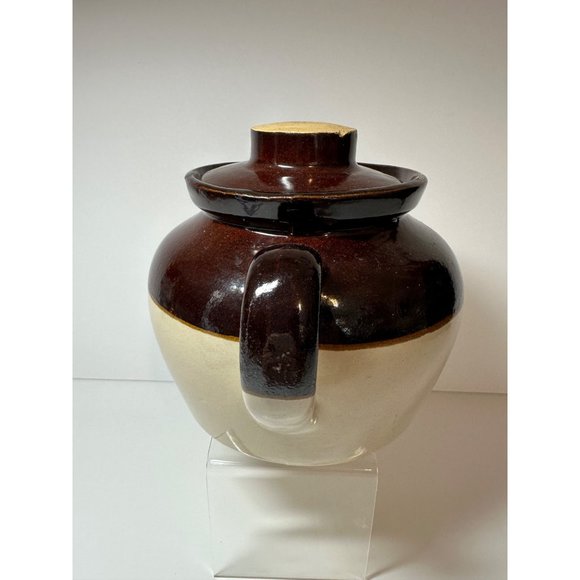Brown & Tan 1 Quart Bean Stoneware Crock with Lid Made In USA - Picture 3 of 8